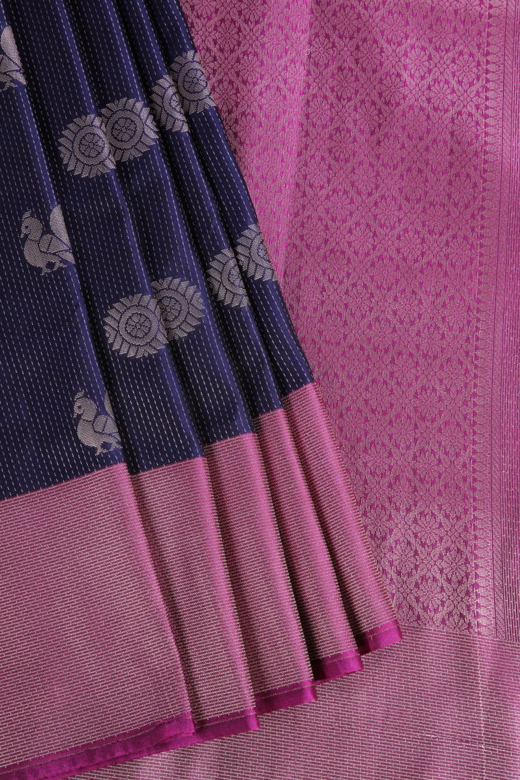 Navy Blue Soft Silk Sarees with Gold Zari Peacock Motifs view 1