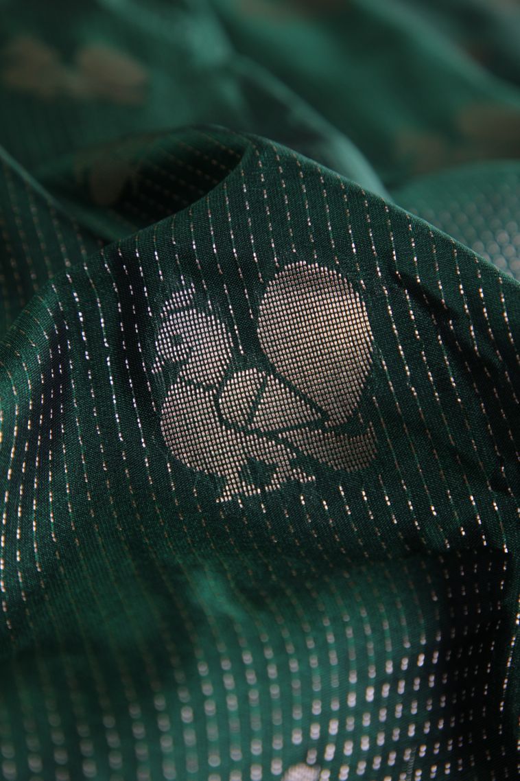 Bottle Green Soft Silk Sarees with Gold Zari Peacock Motifs view 4