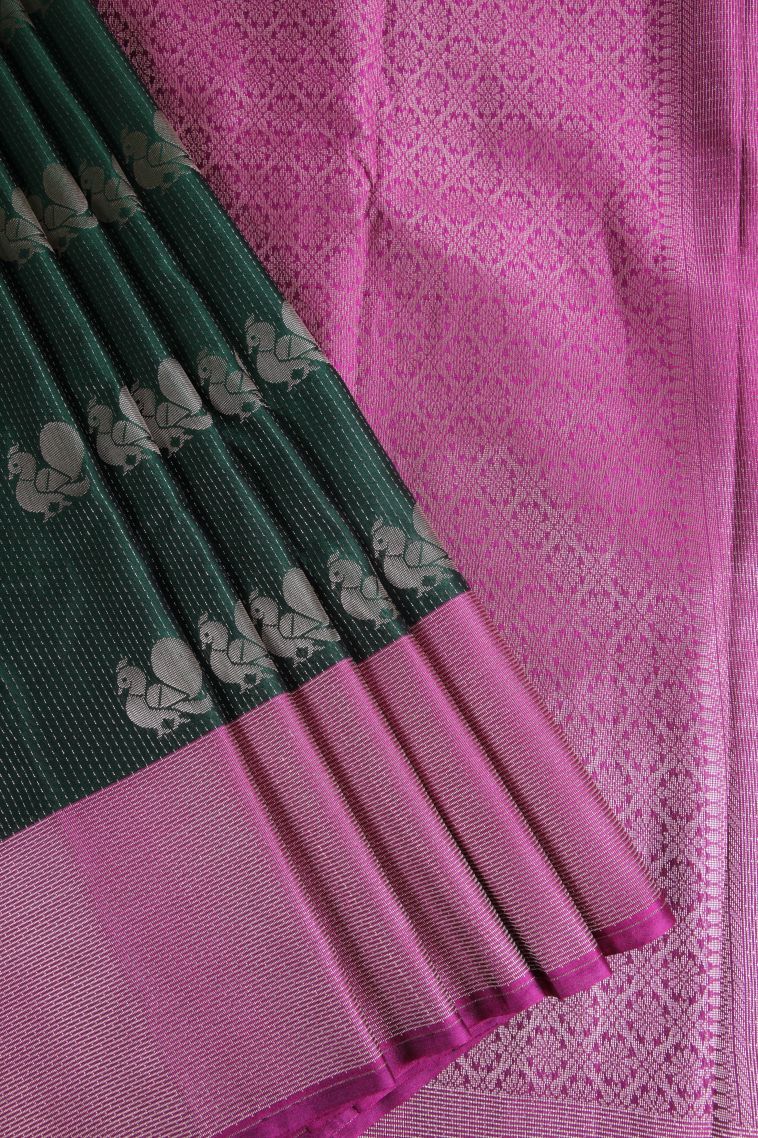Bottle Green Soft Silk Sarees with Gold Zari Peacock Motifs view 1