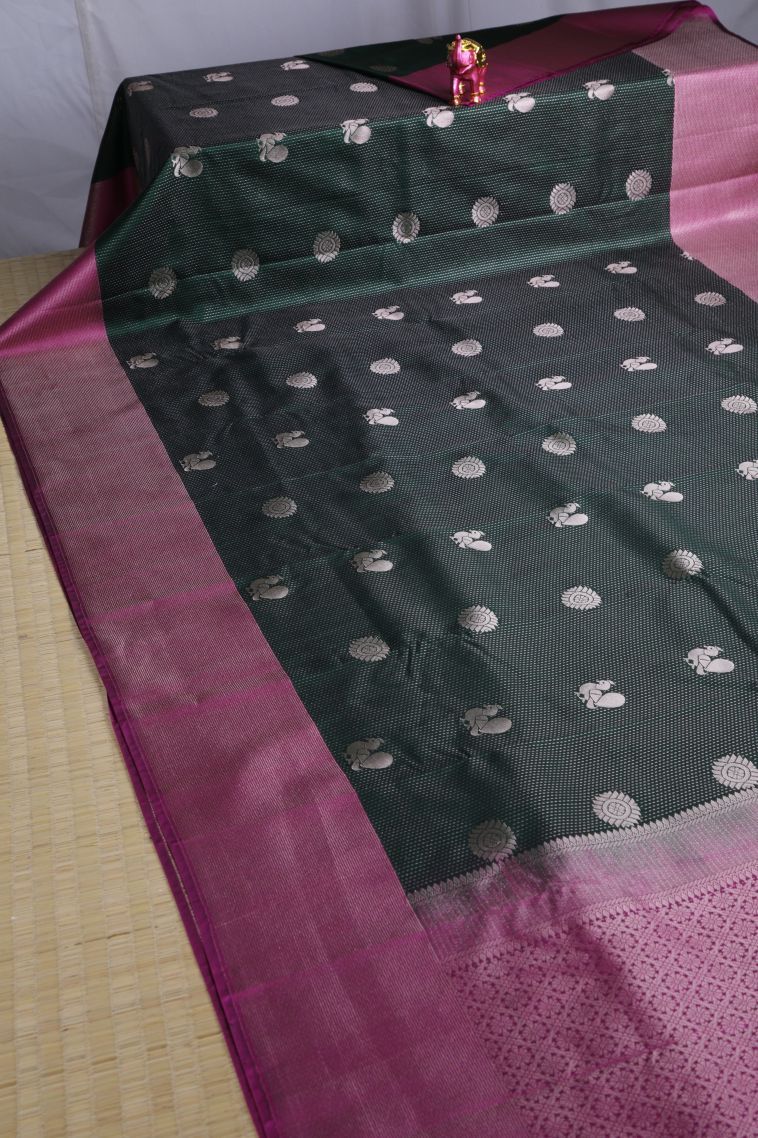 Bottle Green Soft Silk Sarees with Gold Zari Peacock Motifs view 2