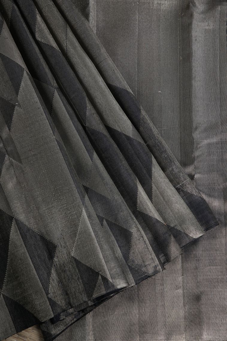 Eel Black Kanchipuram Silk Sarees with Gold Zari Geometric Shapes view 1