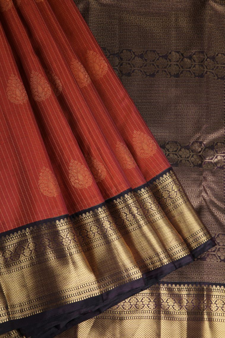 Fire Orange Soft Silk Saree with Gold Zari Thilagam Puttas view 1