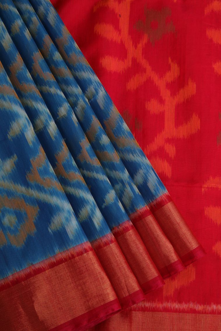 Cerulean Blue Pochampalli Saree with Gold Zari Ikkat view 1