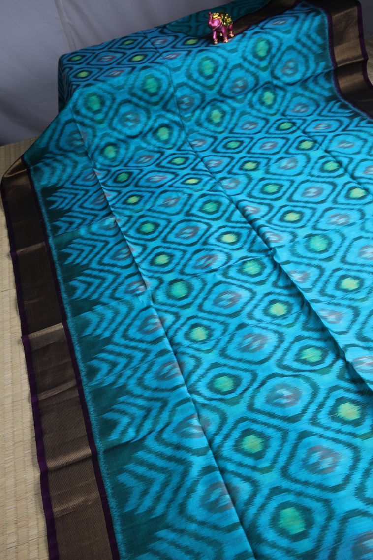 Cerulean Blue Pochampalli Saree with Gold Zari Geometric Shapes view 2