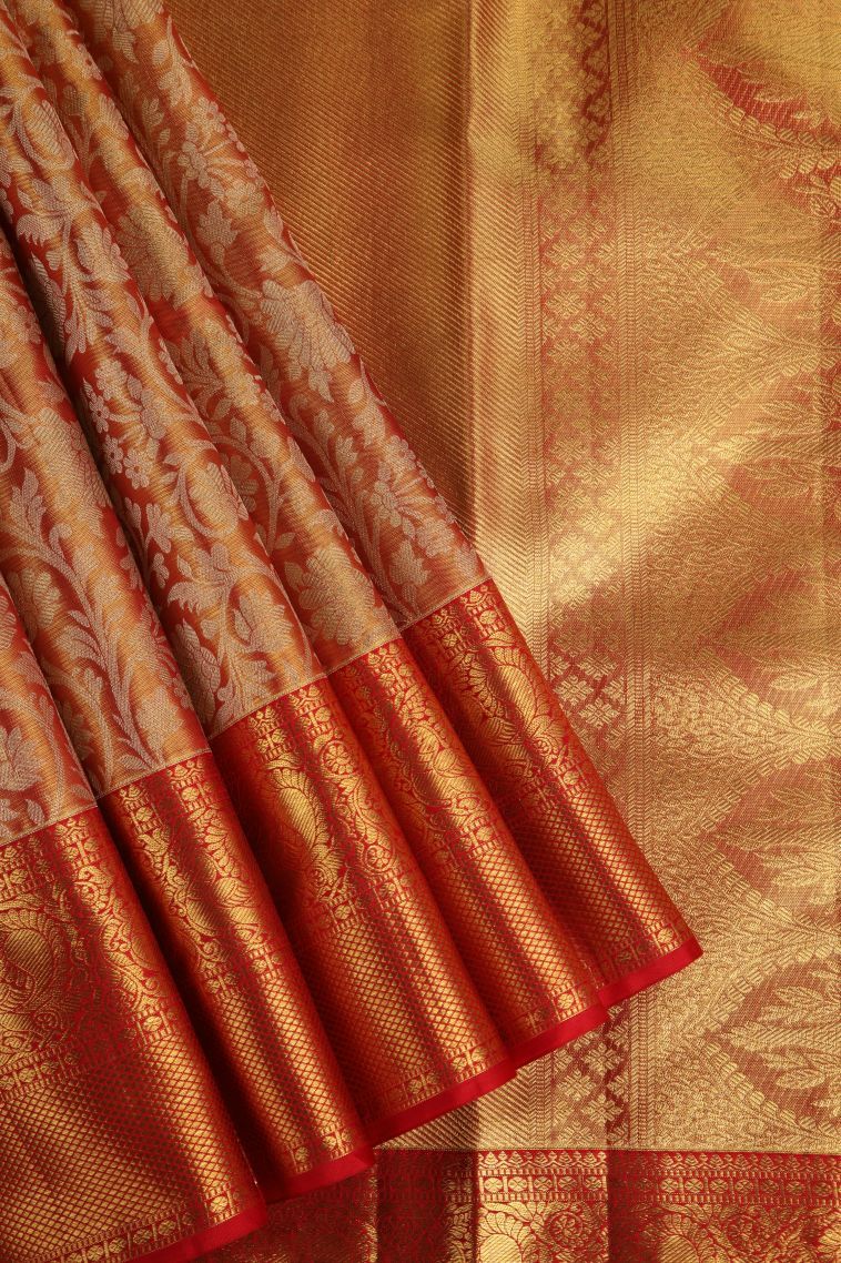 Candy Orange Kanchipuram Silk Sarees with Gold Zari Floral Patterns