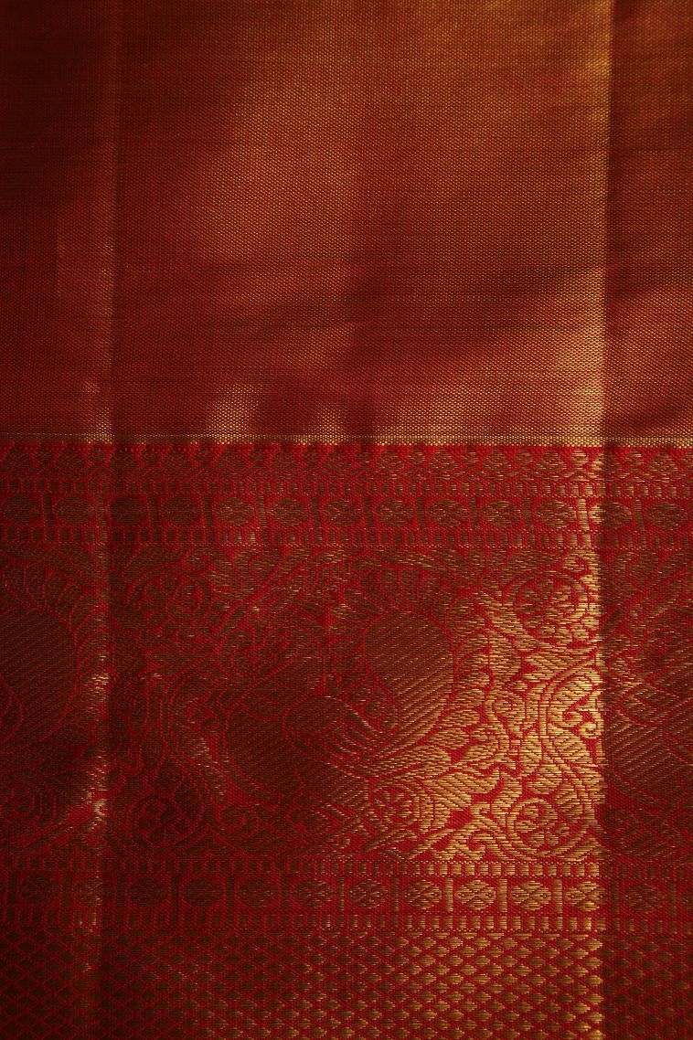 Candy Orange Kanchipuram Silk Sarees with Gold Zari Floral Patterns view 3