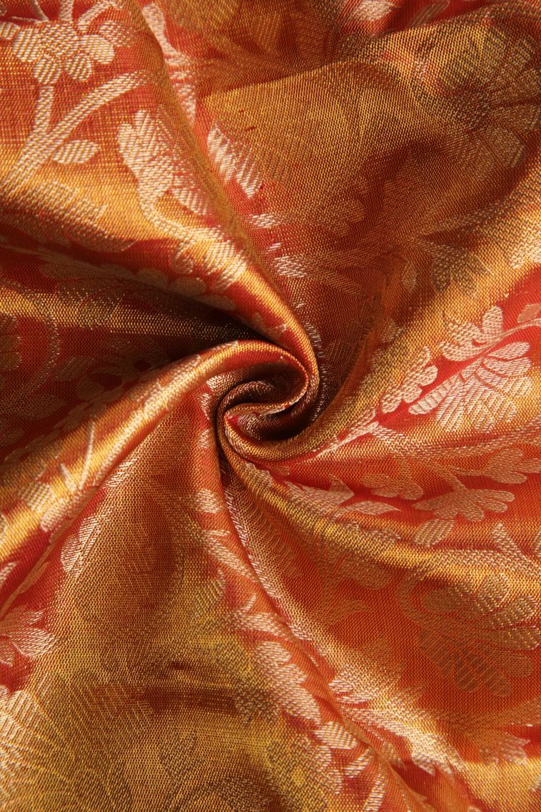 Candy Orange Kanchipuram Silk Sarees with Gold Zari Floral Patterns view 4