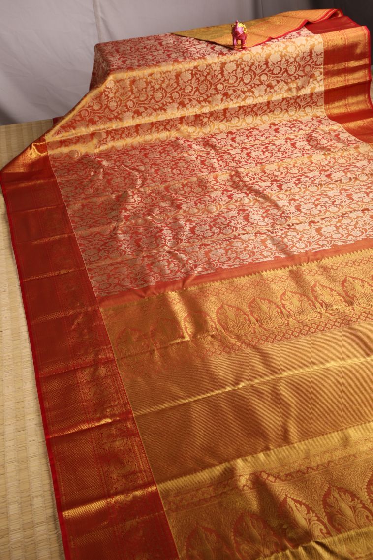 Candy Orange Kanchipuram Silk Sarees with Gold Zari Floral Patterns view 2