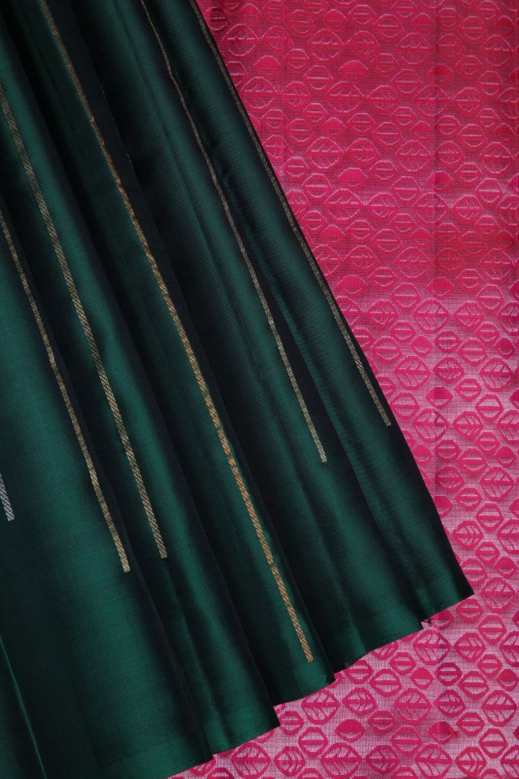 Bottle Green Soft Silk Saree with Gold Zari Stripes view 1