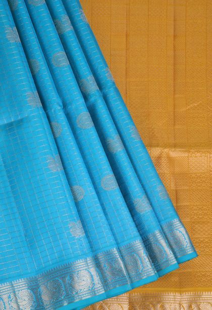 Sapphire Blue Soft Silk Saree with Gold Zari Peacock Motifs