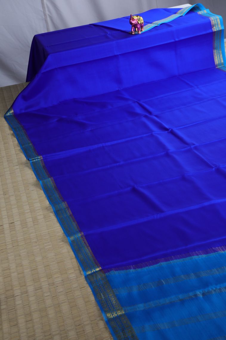 Cobalt Blue Mysore Silk with Gold Zari Plain view 2