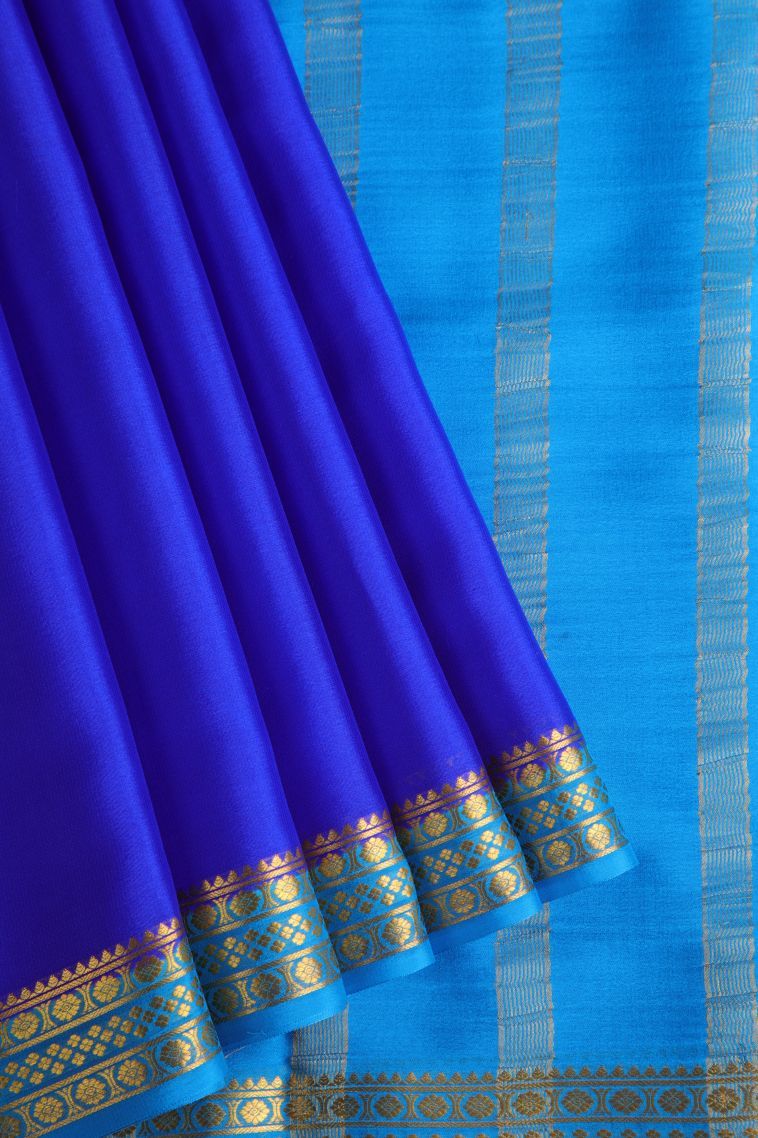 Cobalt Blue Mysore Silk with Gold Zari Plain view 1