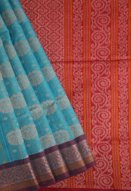 Sky Blue Pure Handloom Kovai Cotton with Without Zari Zari Floral Patterns