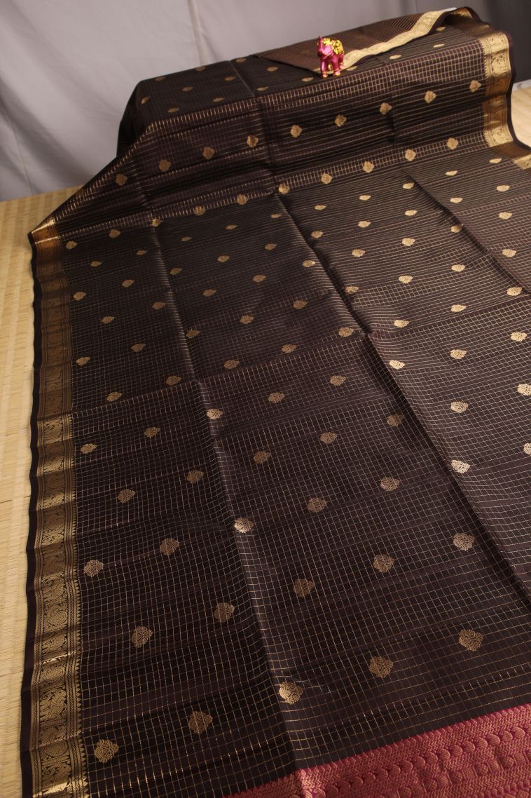 Brunette Brown Soft Silk Saree with Gold Zari Floral Puttas view 2