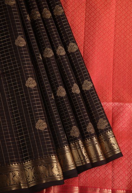 Brunette Brown Soft Silk Saree with Gold Zari Floral Puttas