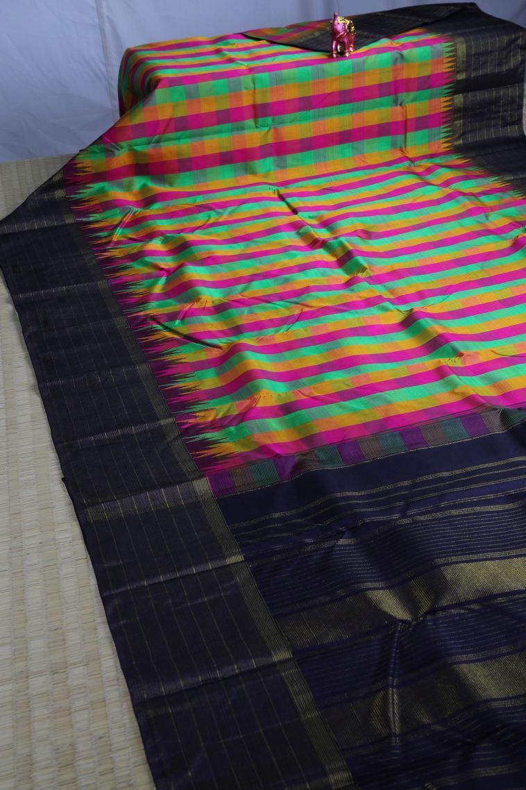 Berry Blue Kanchipuram Silk Sarees with Gold Zari Checks view 2