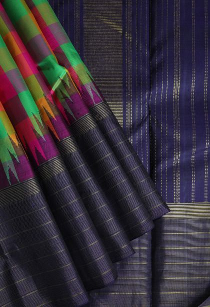 Berry Blue Kanchipuram Silk Sarees with Gold Zari Checks