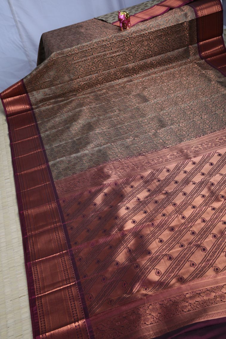 Cinnamon Brown Visiri Madippu Silk Sarees with Copper Zari Floral Patterns view 2
