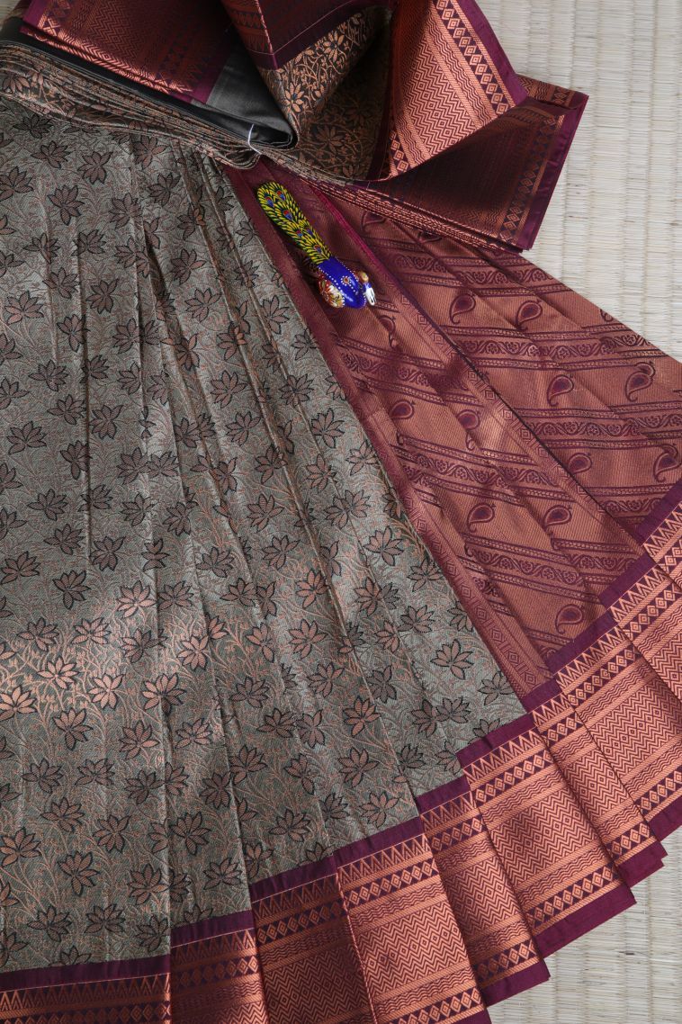 Cinnamon Brown Visiri Madippu Silk Sarees with Copper Zari Floral Patterns view 1