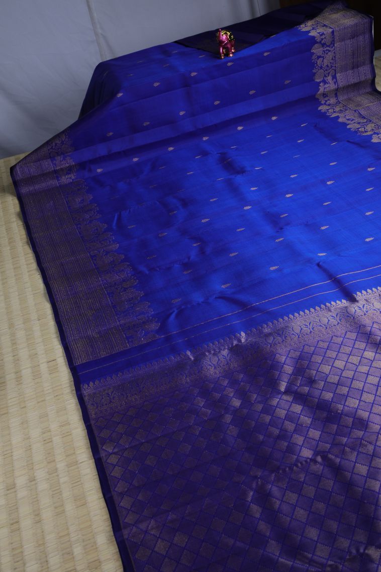 Lapis Blue Kanchipuram Silk Sarees with Gold Zari Floral Patterns view 2