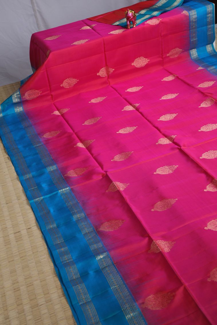 Punch Pink Soft Silk Saree with Gold Zari Floral Patterns view 2