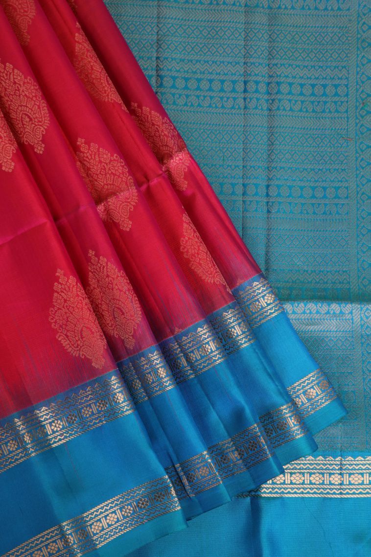 Punch Pink Soft Silk Saree with Gold Zari Floral Patterns view 1