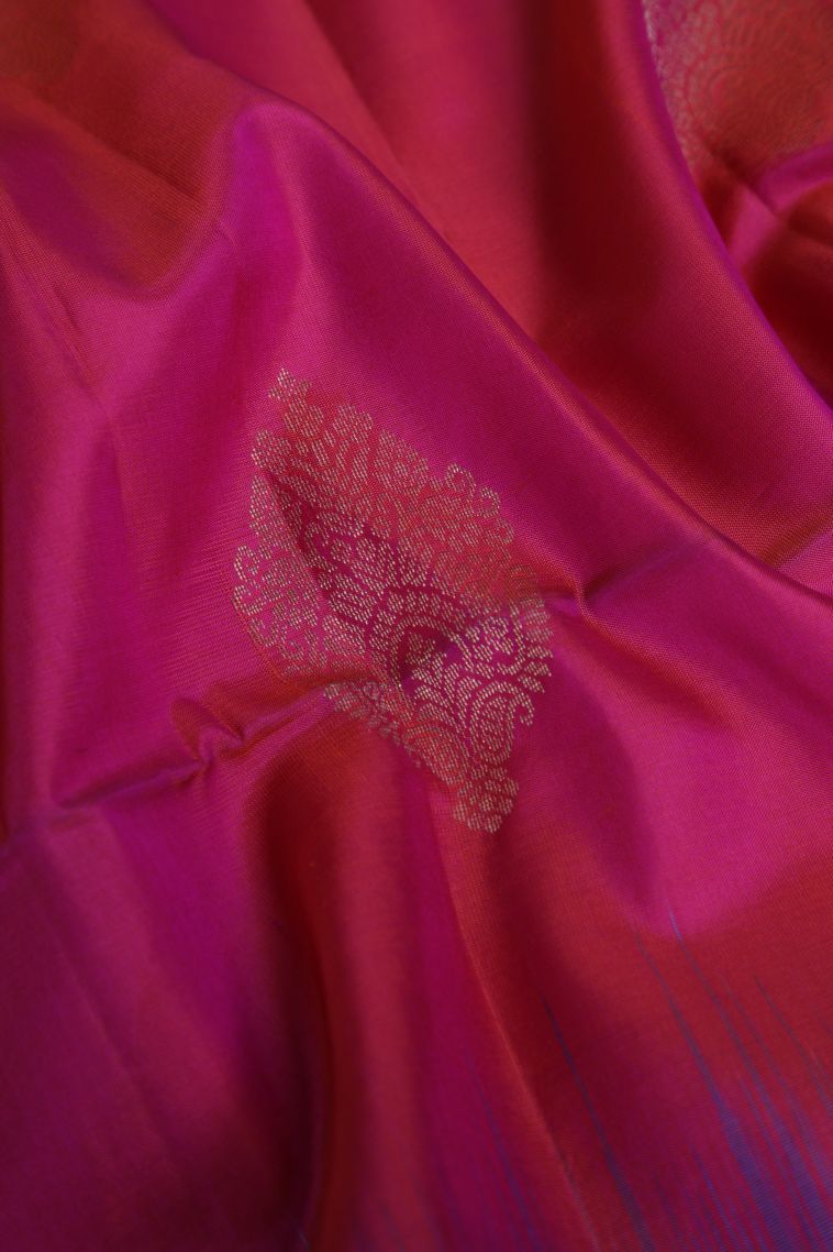 Punch Pink Soft Silk Saree with Gold Zari Floral Patterns view 4